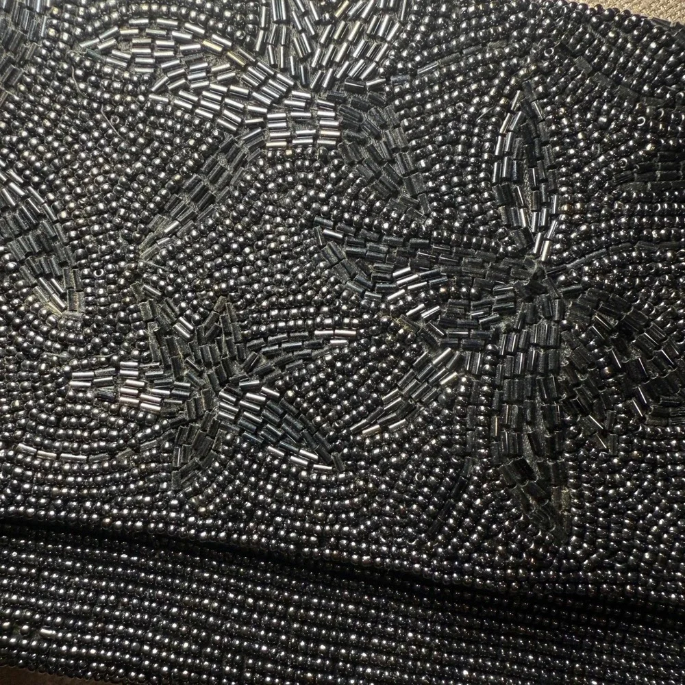 Vintage 50s/60s SchildKraut Japan Black Beaded Evening‎ Clutch Floral Bugle